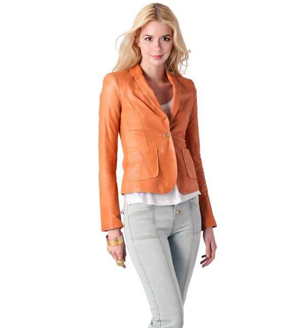 CELESTE Orange Leather Blazer For Women