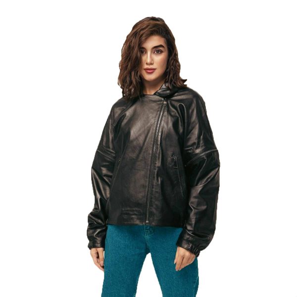 DRAPE Oversized Black Leather Jacket For Women