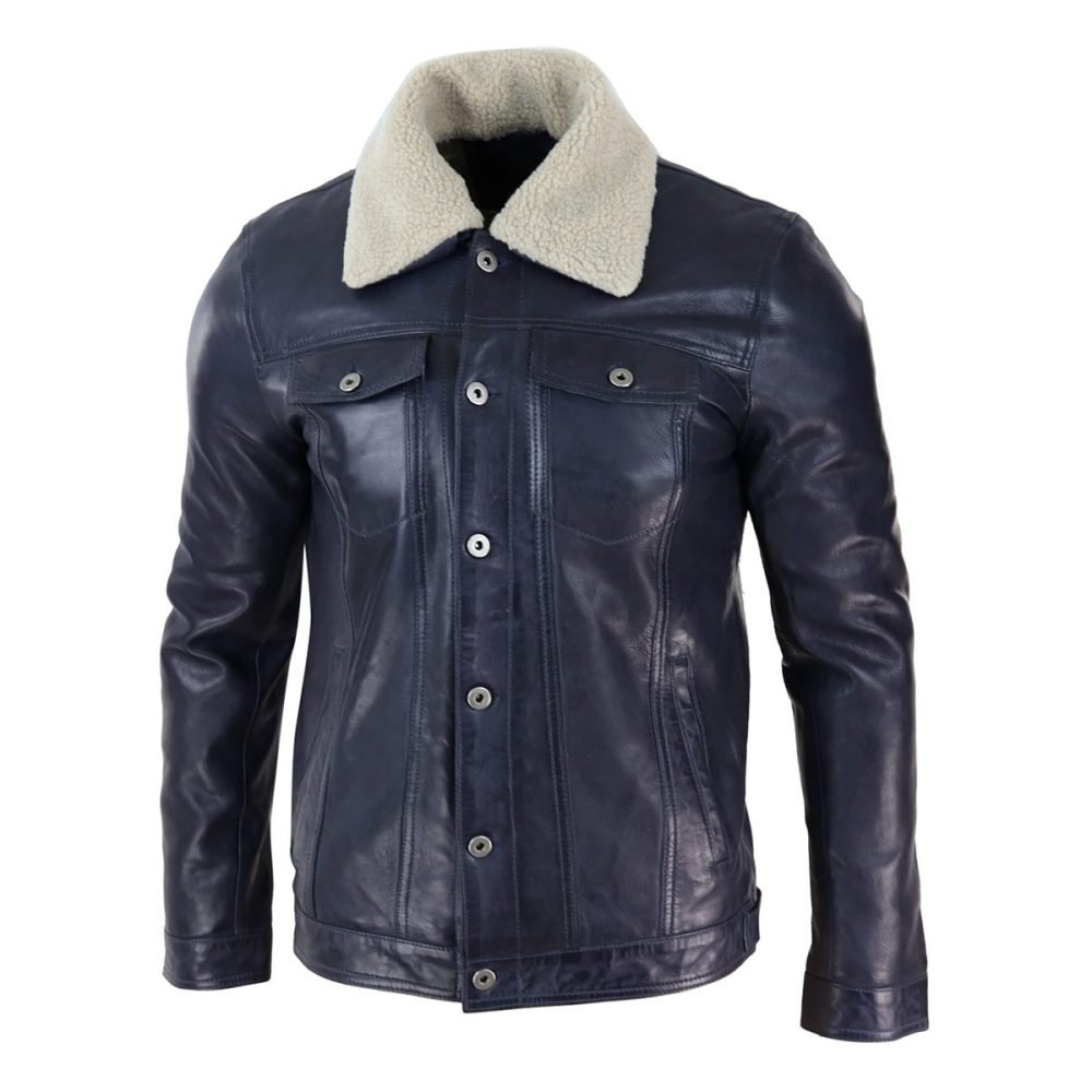 KELLEN Blue Leather Winter Jacket For Men