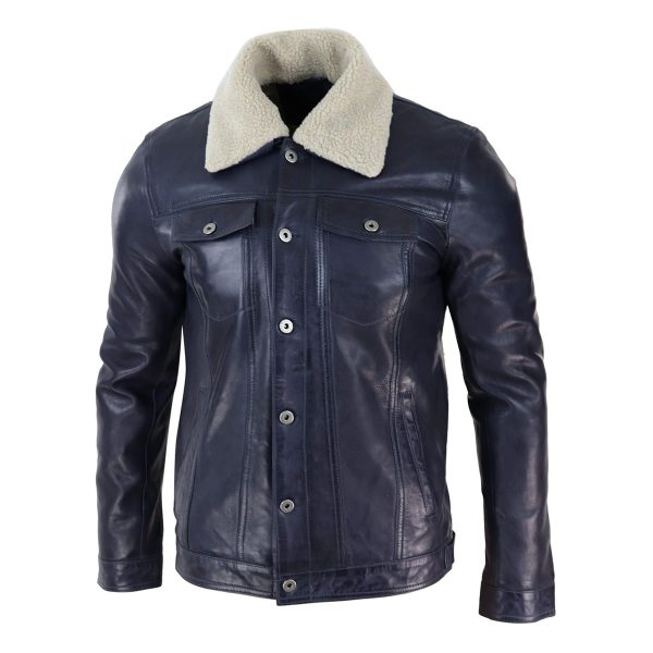 KELLEN Blue Leather winter Jacket For Men