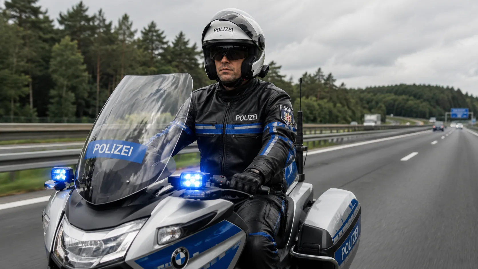 A German police officer (Polizei) on a BMW motorcycle, wearing a black leather jacket.
