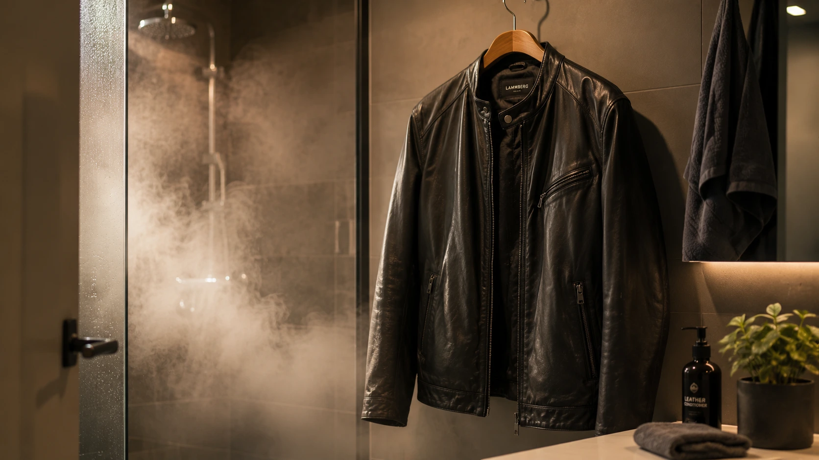 Leather jacket hanging in a steamy bathroom to remove wrinkles safely