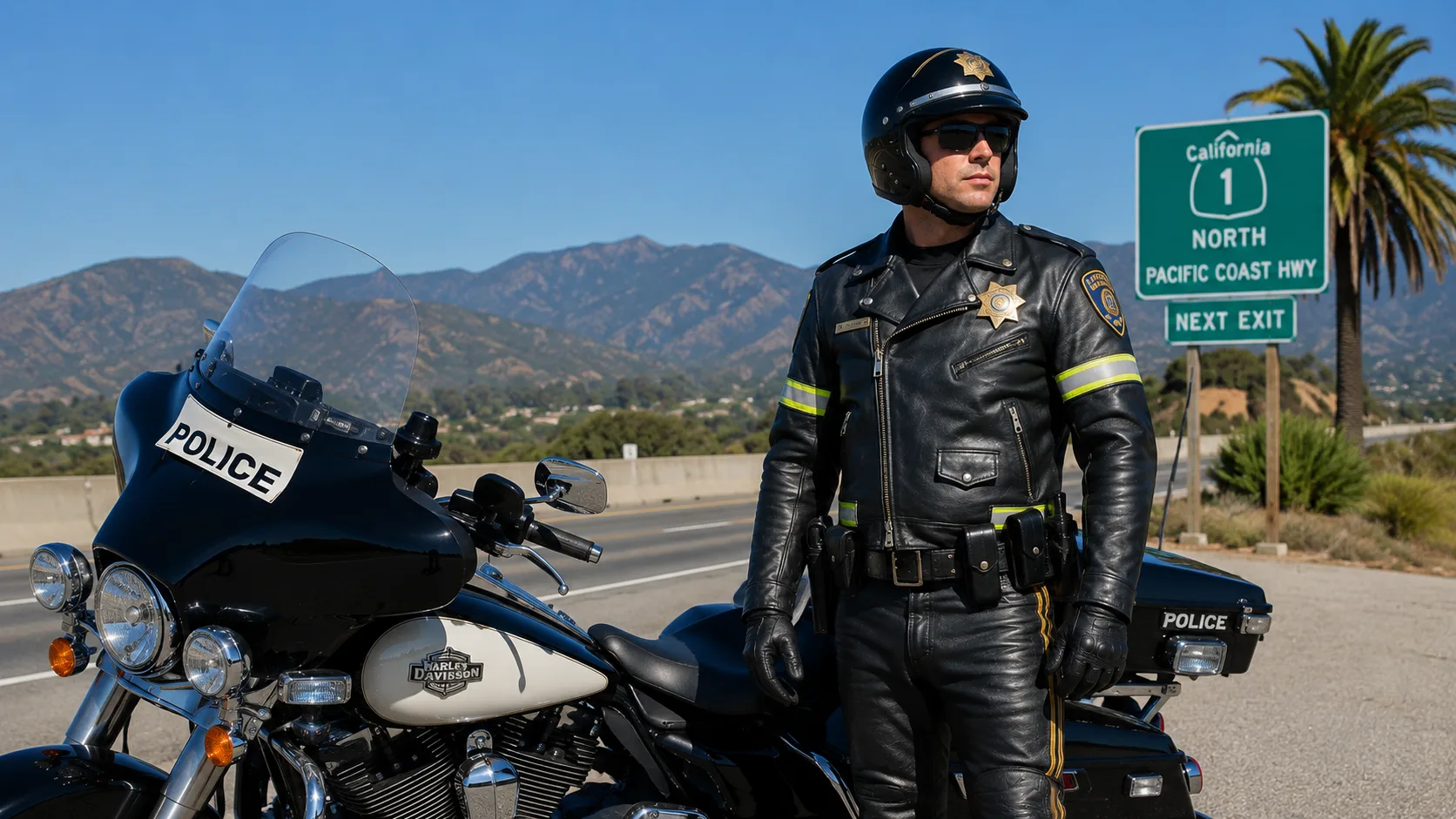 A modern motorcycle police officer in full black leather jacket in California USA.