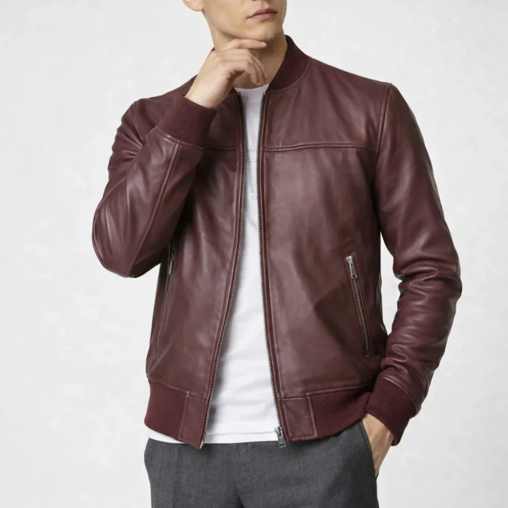 ALVIN Bomber Burgundy Leather Jacket For Men