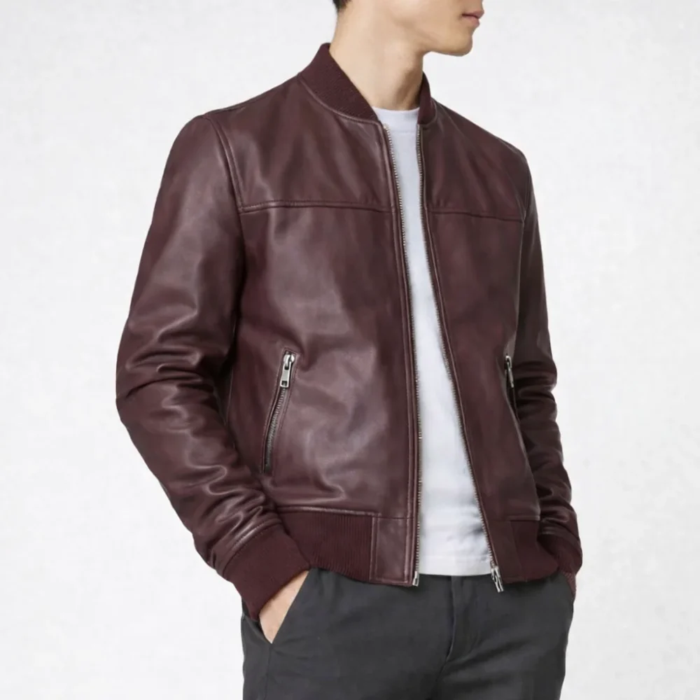 ALVIN Bomber Burgundy Leather Jacket For Men