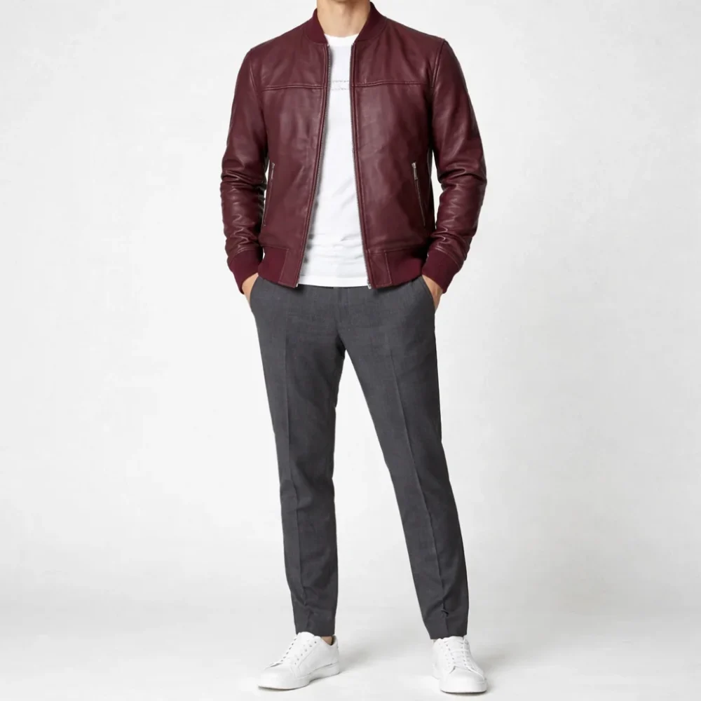 ALVIN Bomber Burgundy Leather Jacket For Men