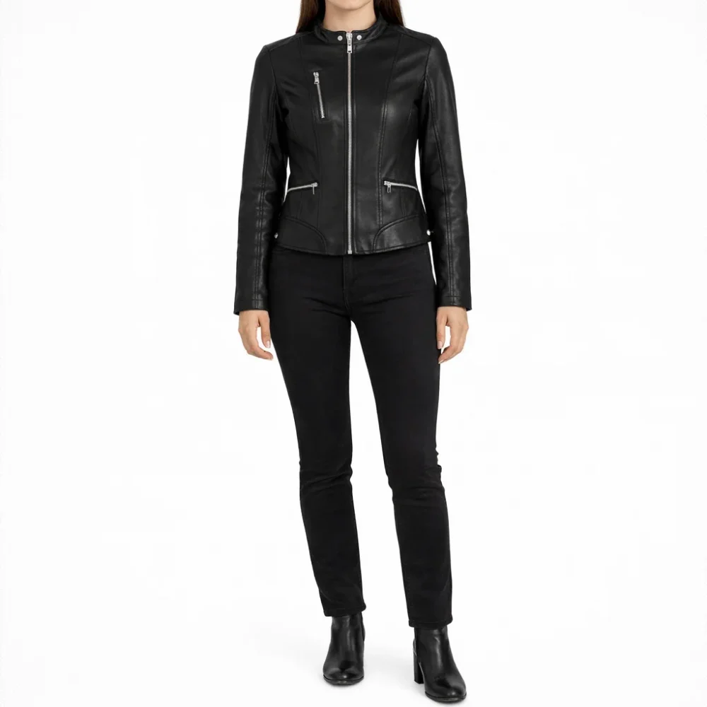 AMOUR Black Leather Jacket For Women