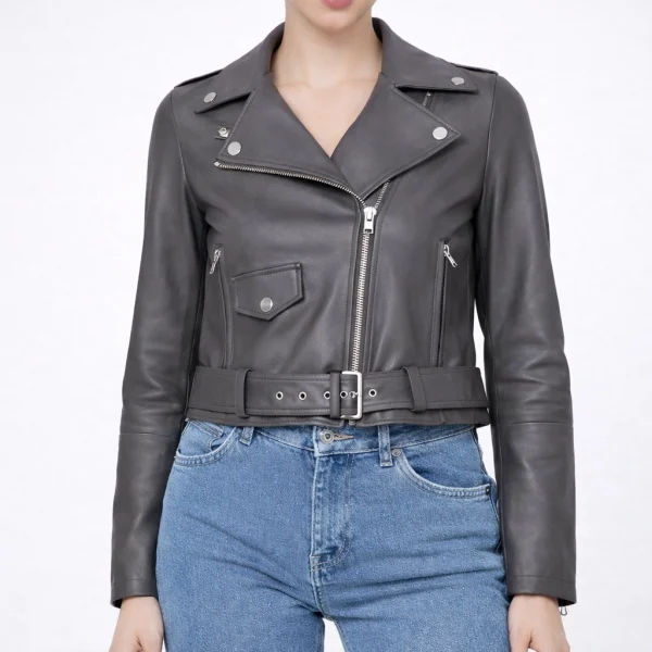 ANGELIC Grey Leather Jacket For Women