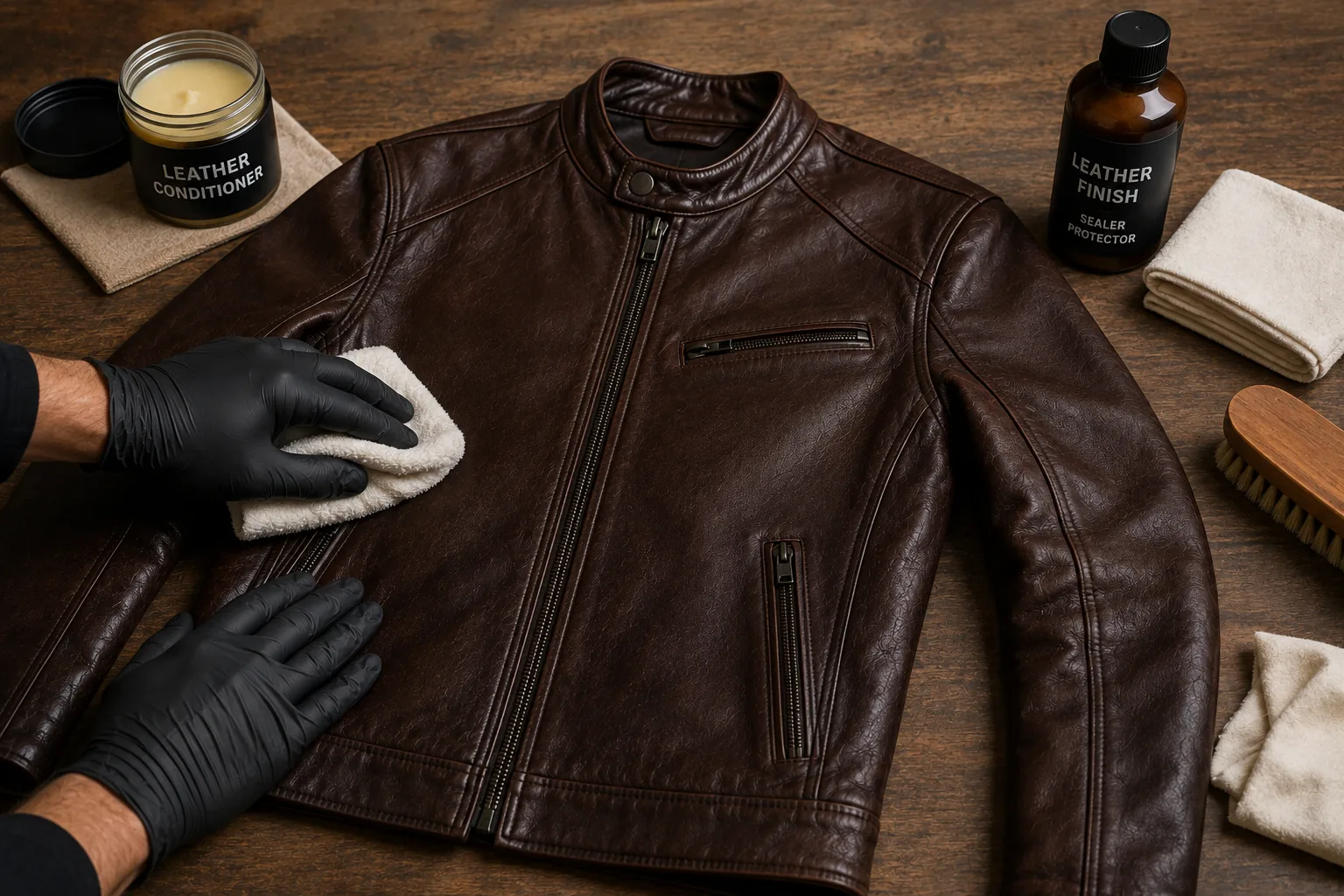 Applying-conditioner-on-leather-jacket