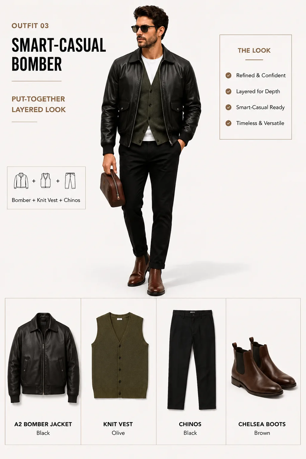 Black A2 bomber jacket with white tee olive vest Chelsea boots