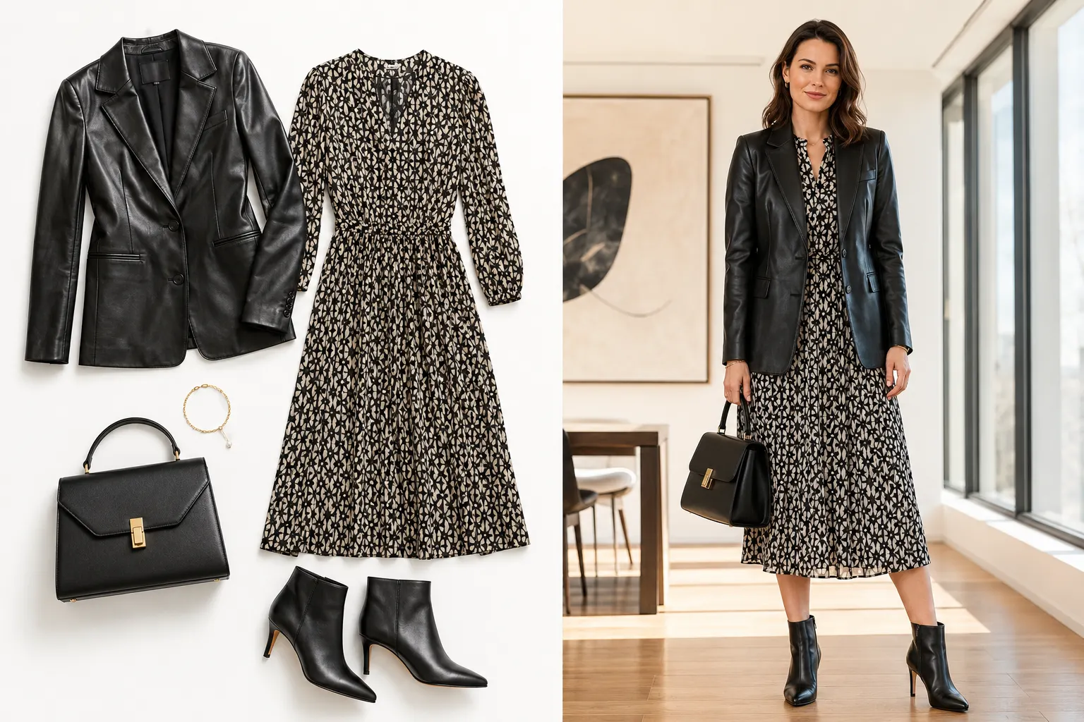 Black leather blazer layered over a printed floral midi dress.