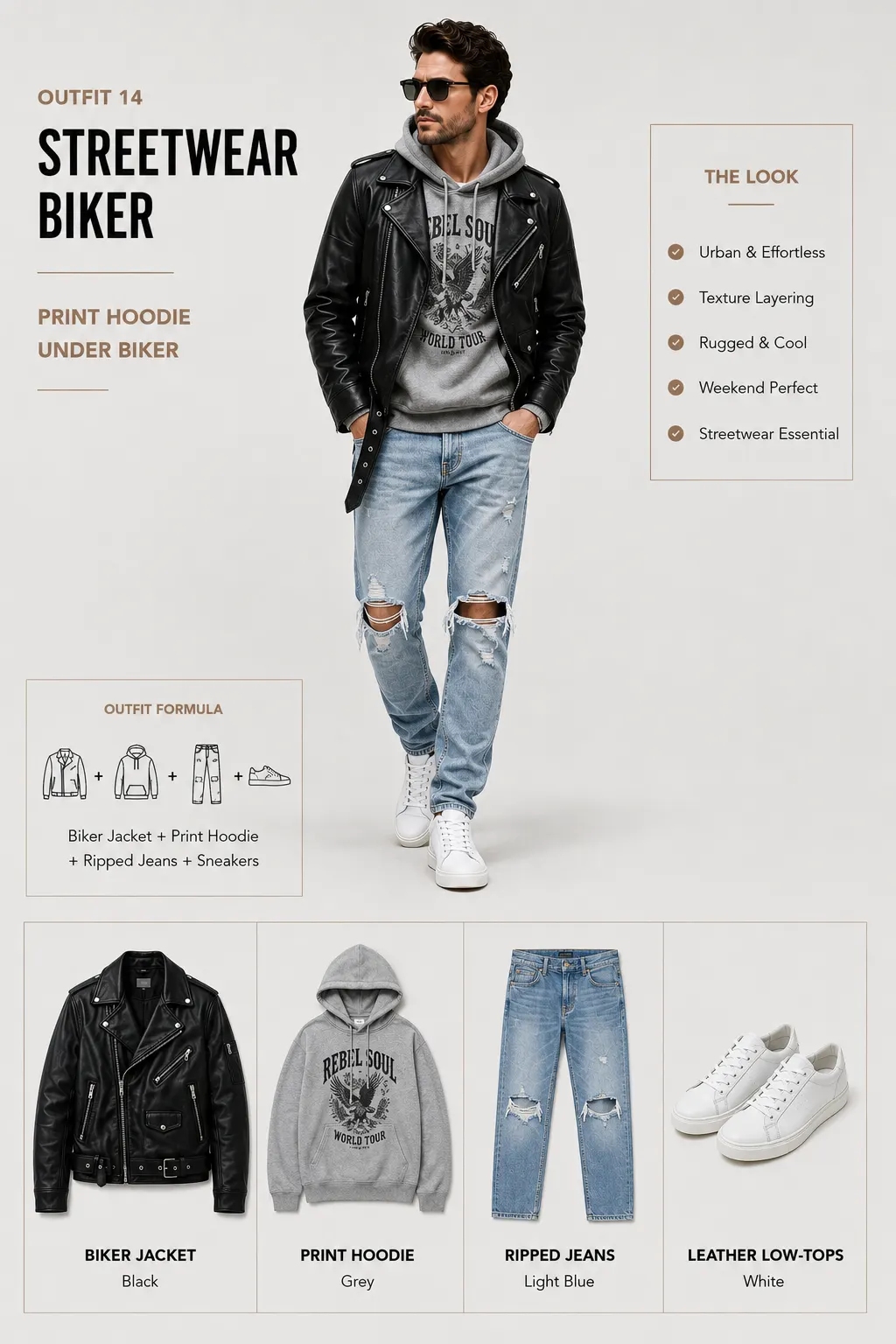 Black biker jacket with grey hoodie ripped jeans white sneakers