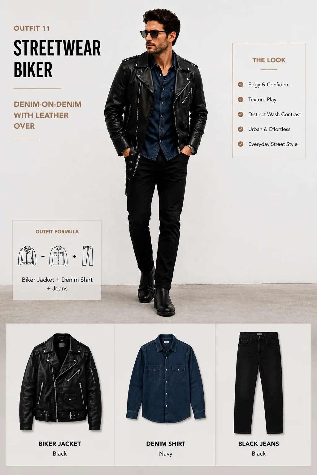 Black biker jacket with navy denim shirt black jeans