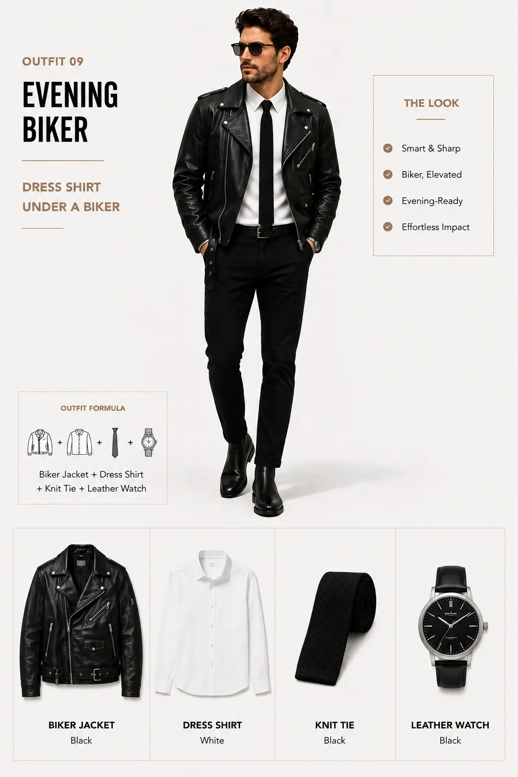 Black biker jacket with white dress shirt knit tie