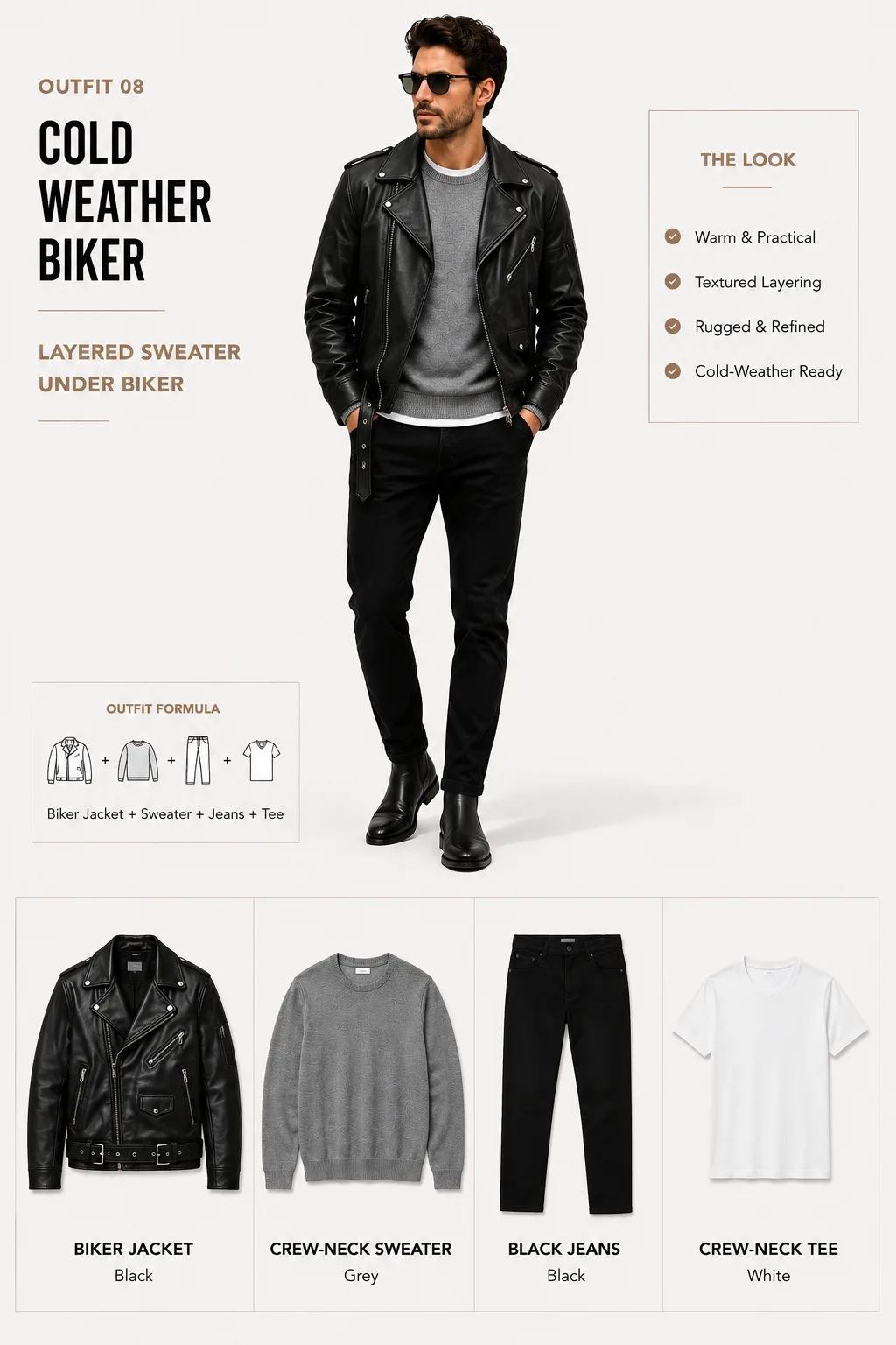 Black biker jacket with grey sweater white tee black jeans