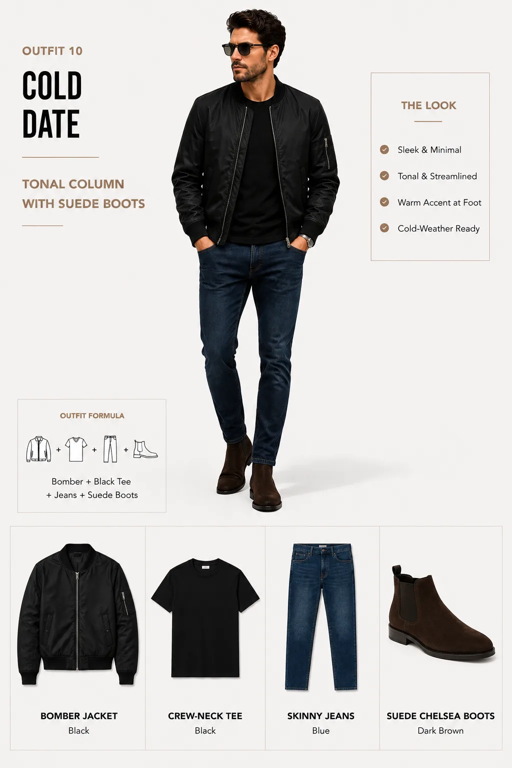 Black bomber jacket with black tee blue skinny jeans Chelsea boots