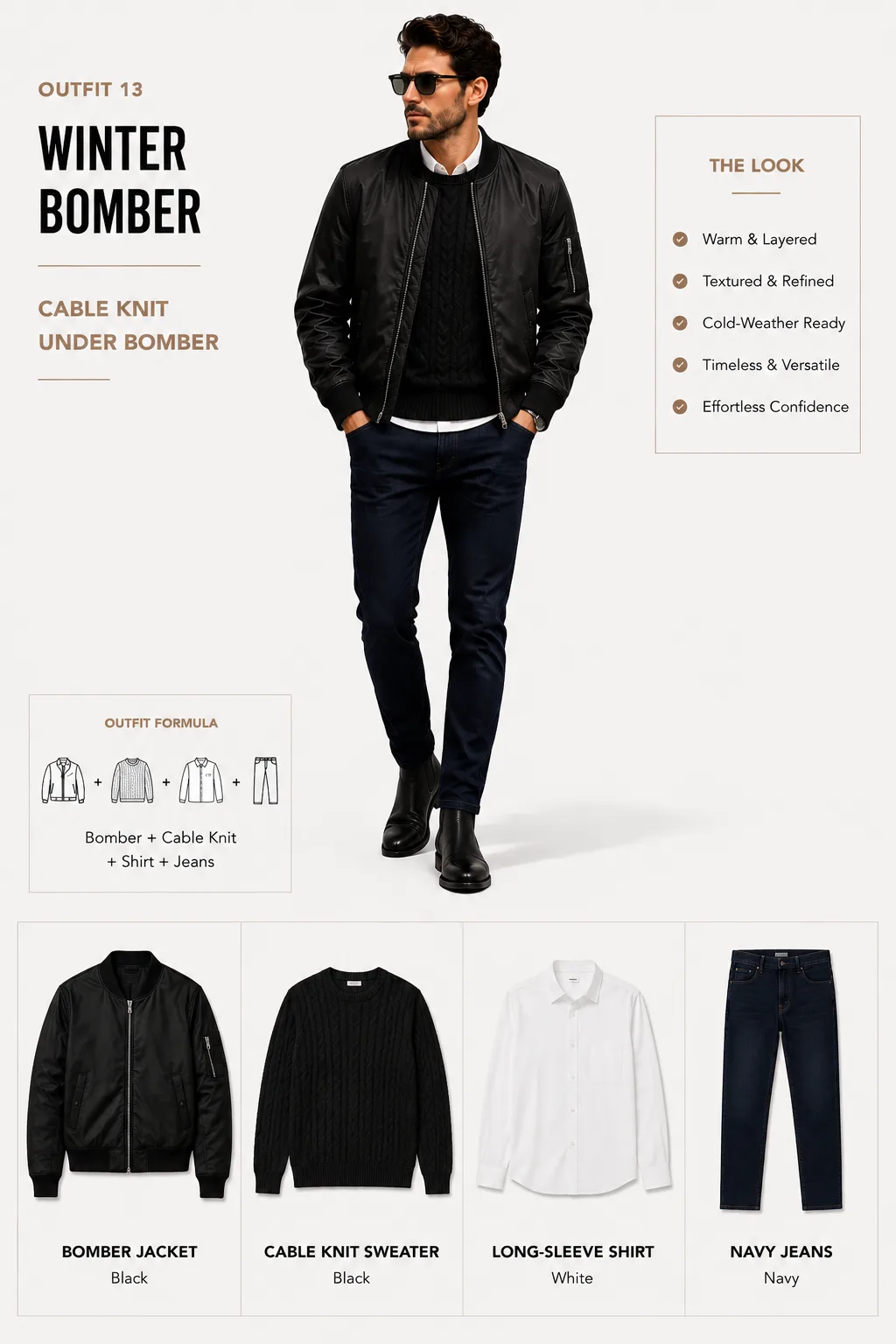 Black bomber jacket with cable knit sweater white collar navy jeans