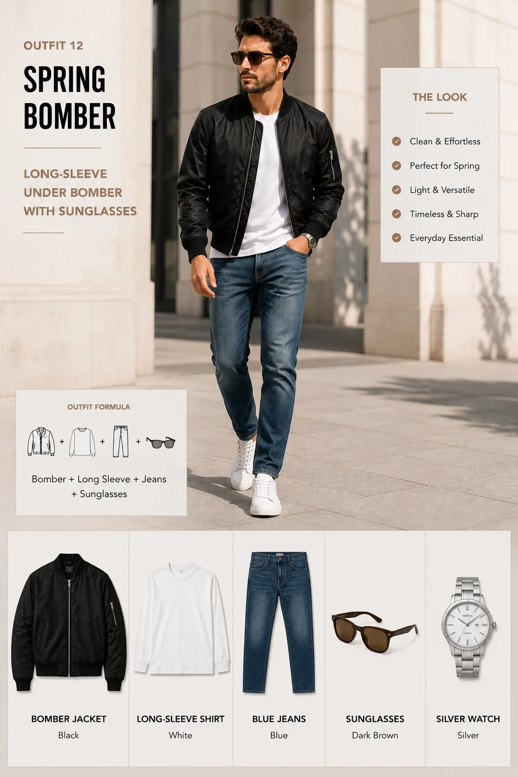 Black bomber jacket with white shirt blue jeans sunglasses