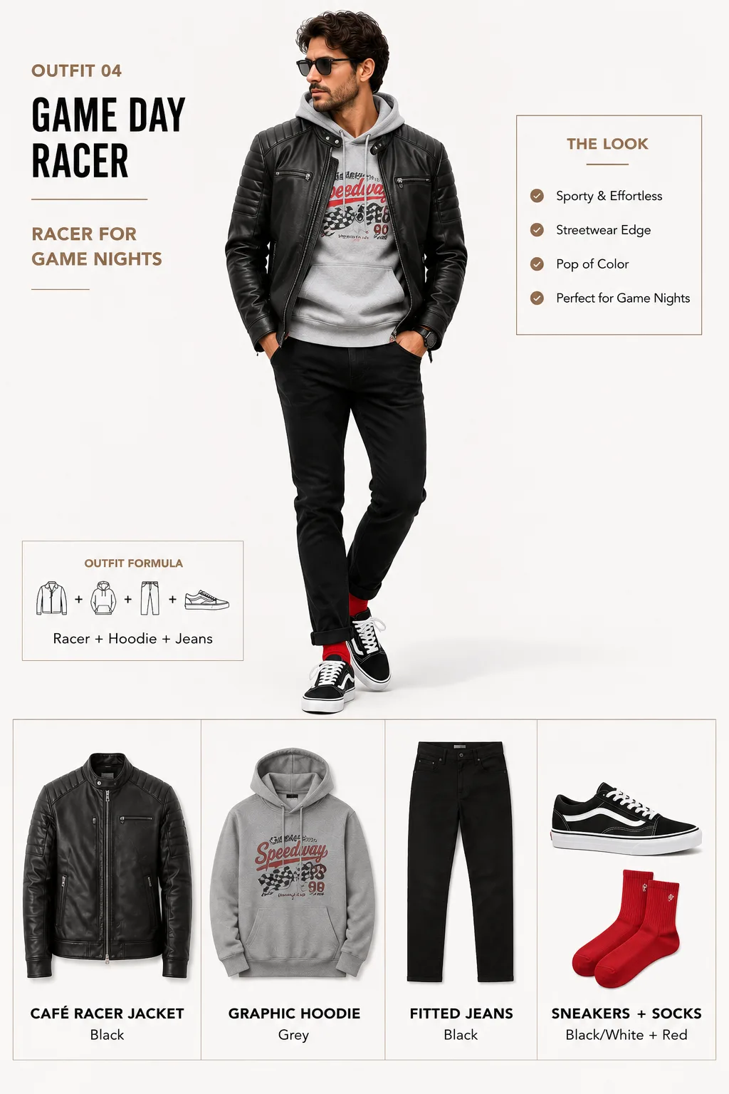 Black cafe racer jacket with grey hoodie red socks