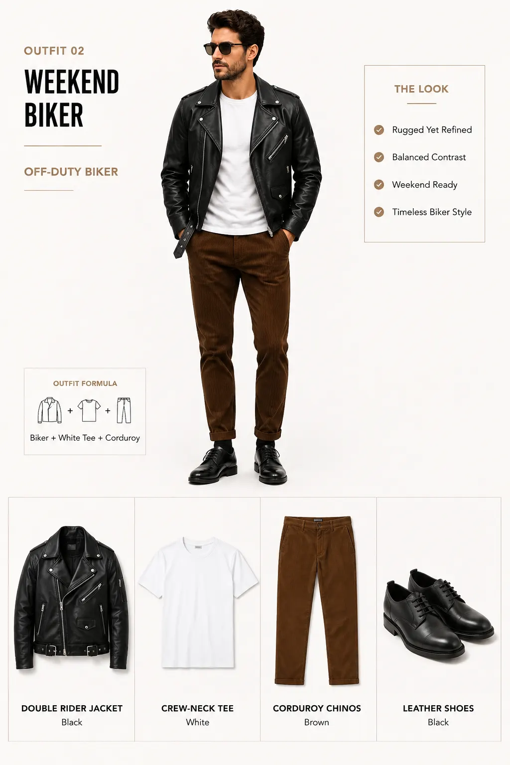 Black double rider jacket with white tee corduroy chinos