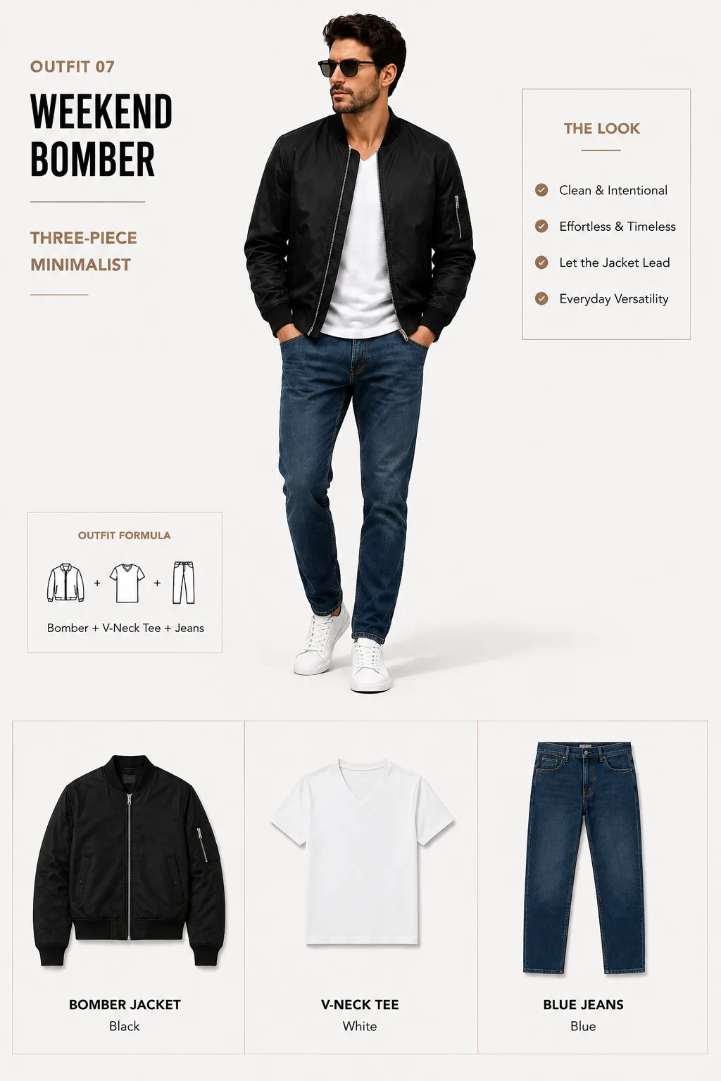 Black bomber jacket with white V-neck tee and blue jeans