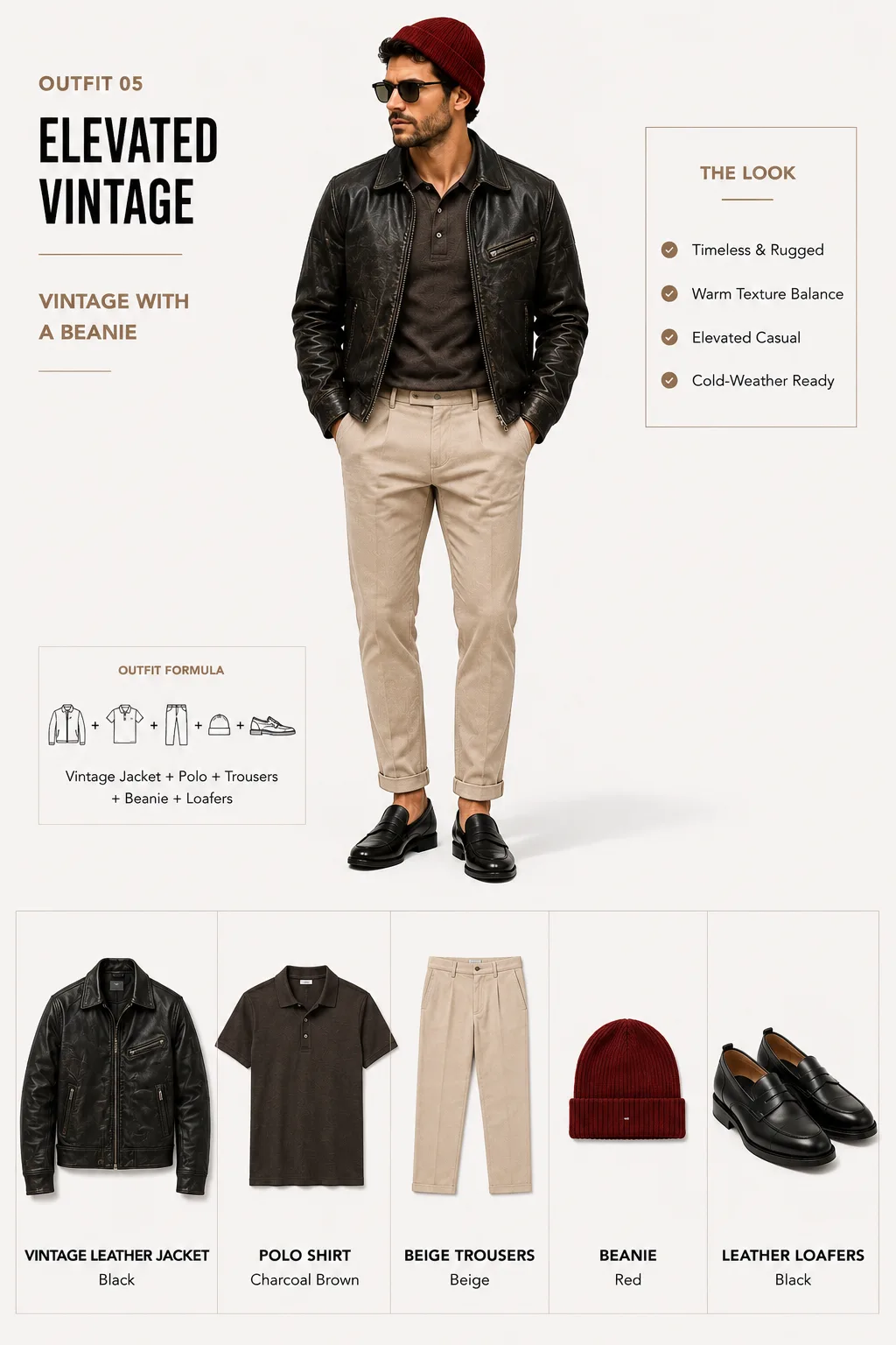 Black vintage leather jacket with charcoal polo and beige trousers
