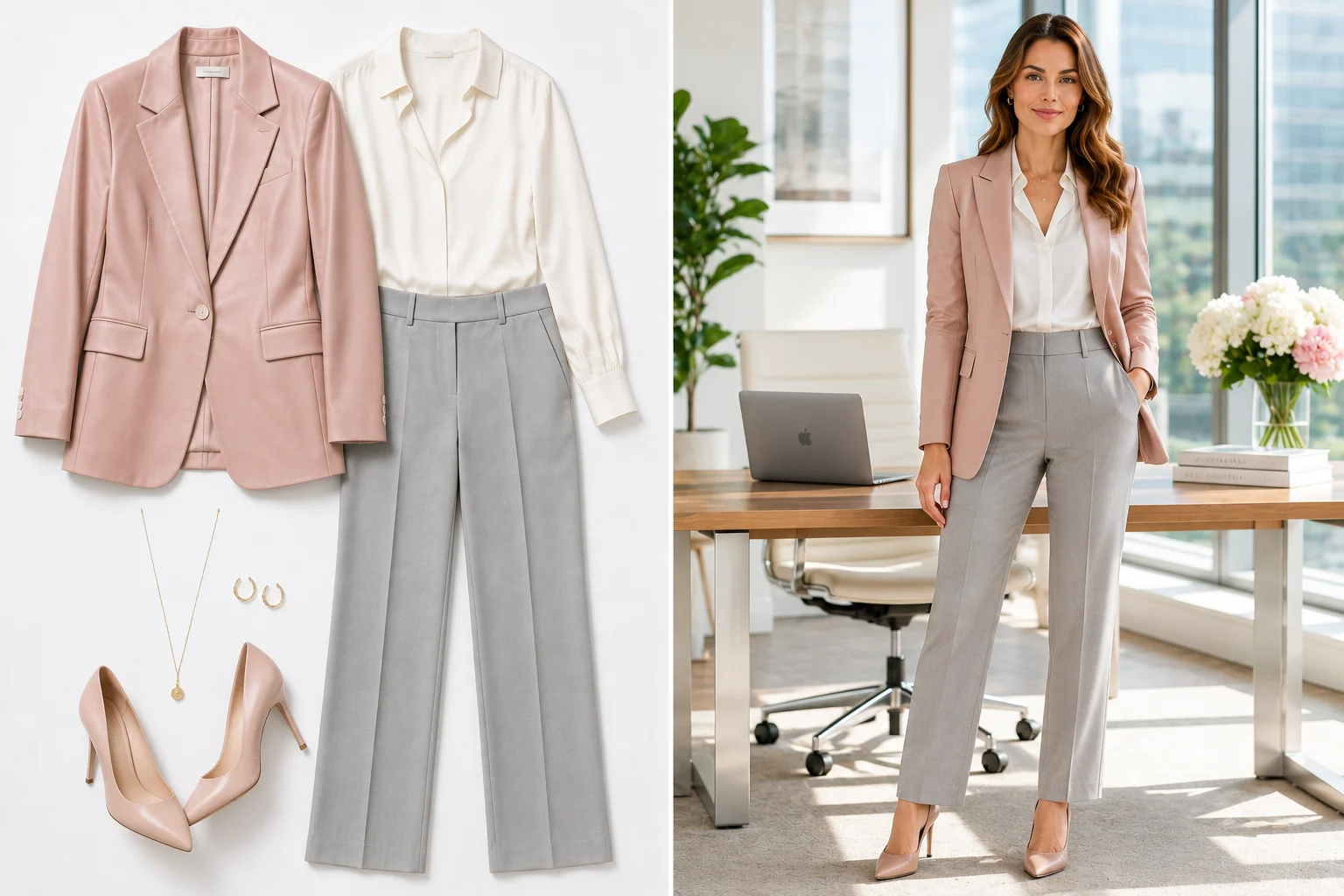 Blush pink leather blazer with grey tailored trousers and gold jewelry.