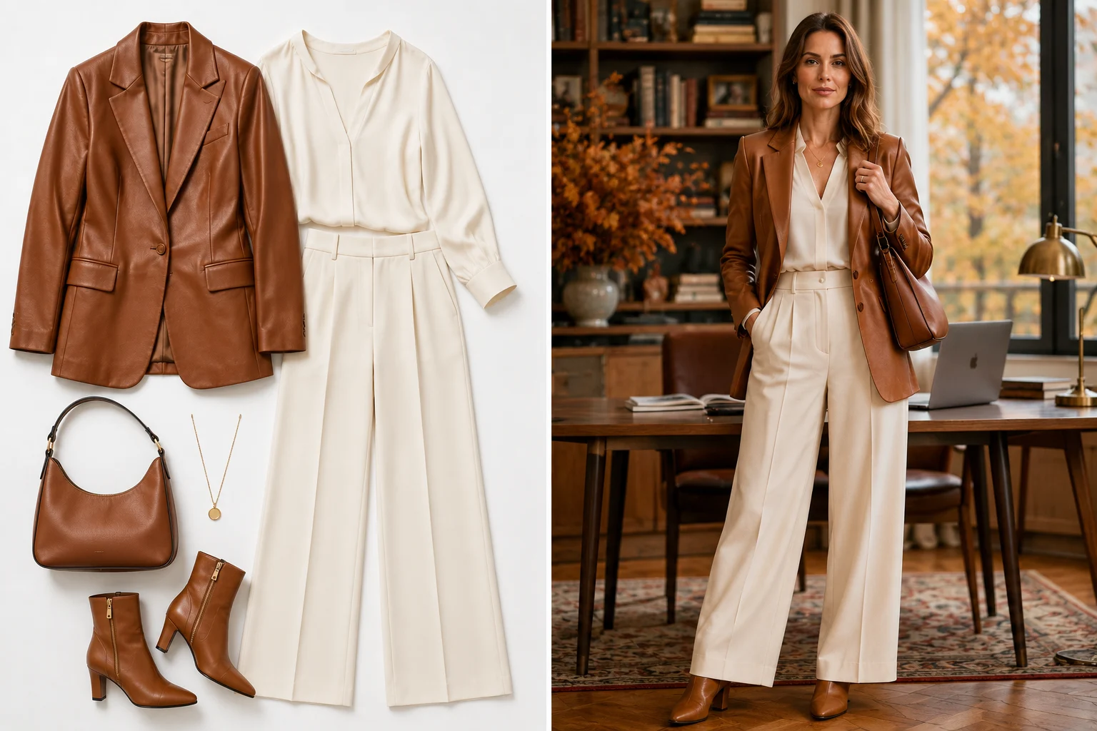 Tan brown leather blazer styled with cream wide-leg trousers and ankle boots.