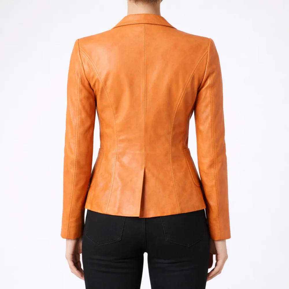 CELESTE Orange Leather Blazer For Women