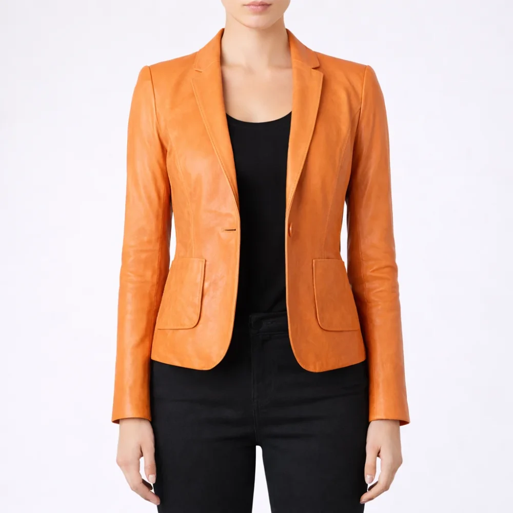 CELESTE Orange Leather Blazer For Women