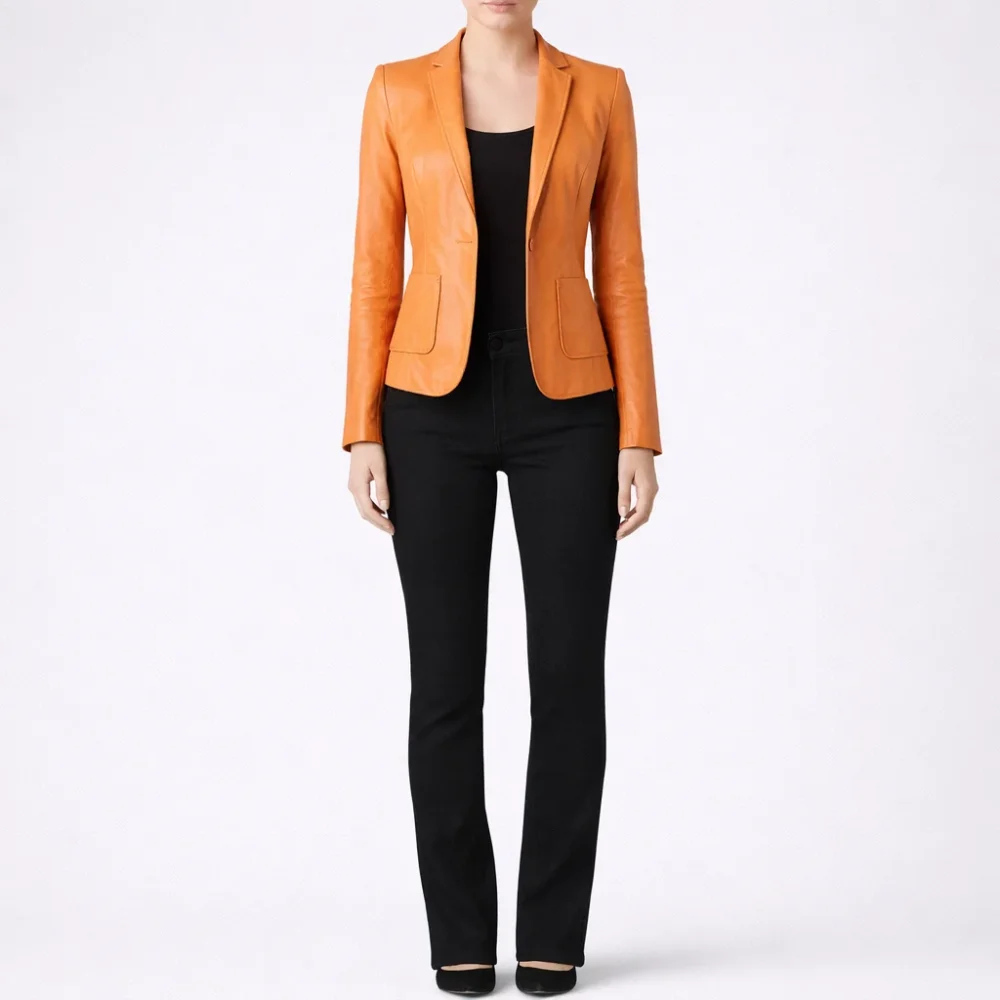CELESTE Orange Leather Blazer For Women