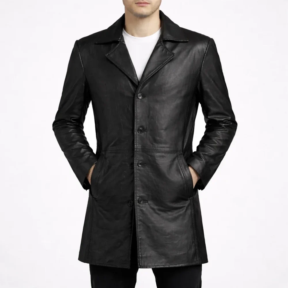 CHARLES Black Midi Leather Trench Coat For Men