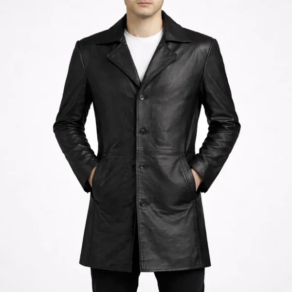 CHARLES Black Midi Leather Trench Coat For Men