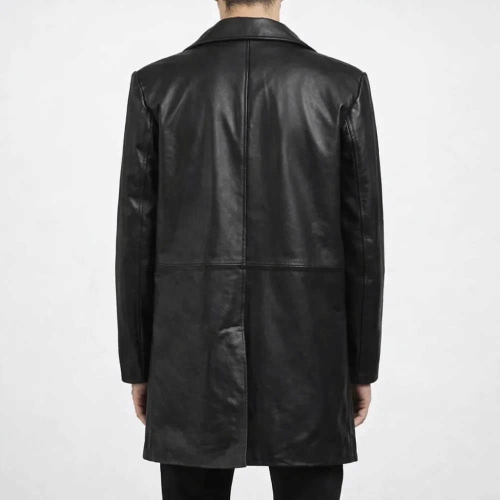 CHARLES Black Midi Leather Trench Coat For Men