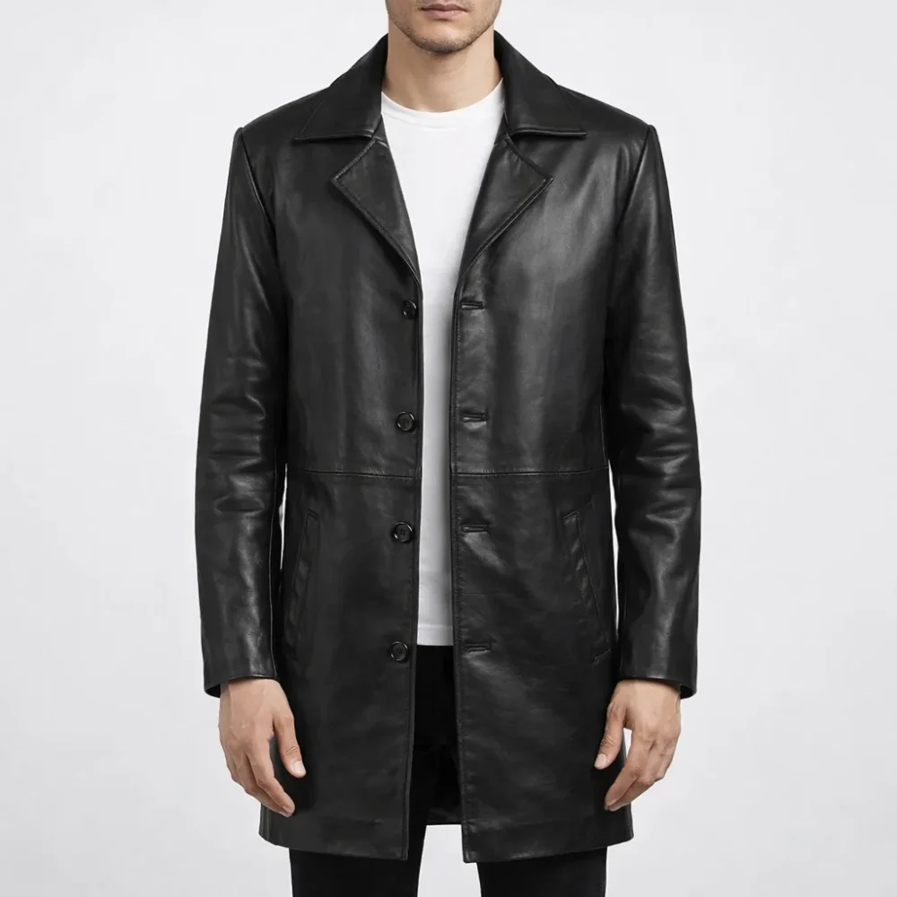 CHARLES Black Midi Leather Trench Coat For Men