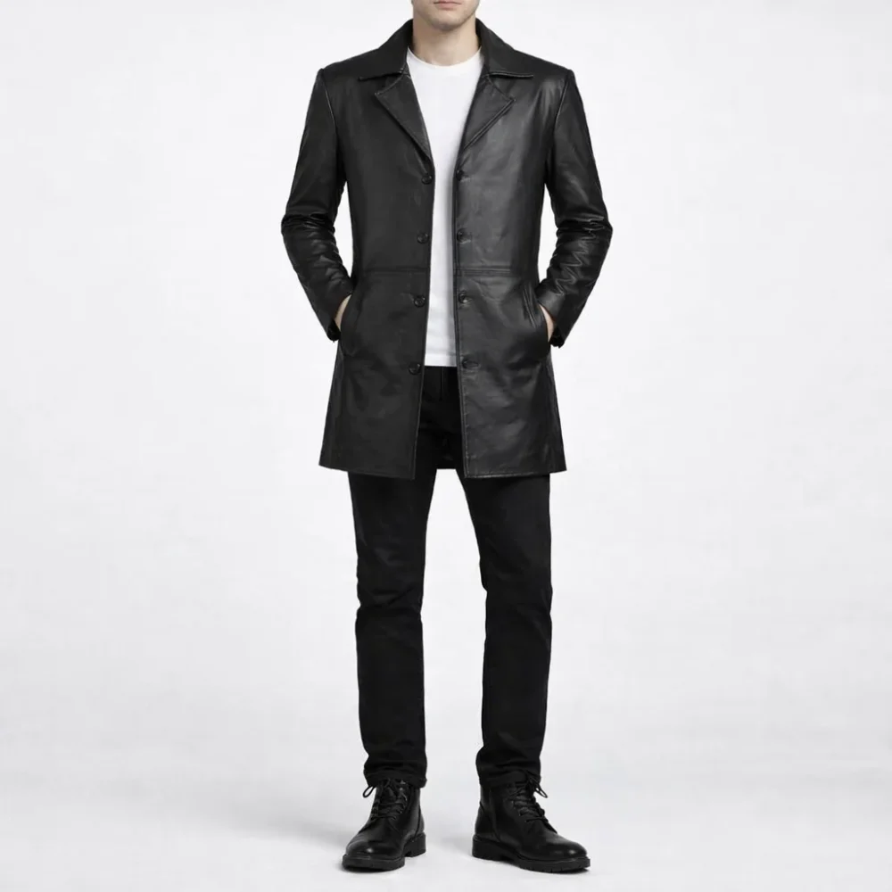 CHARLES Black Midi Leather Trench Coat For Men