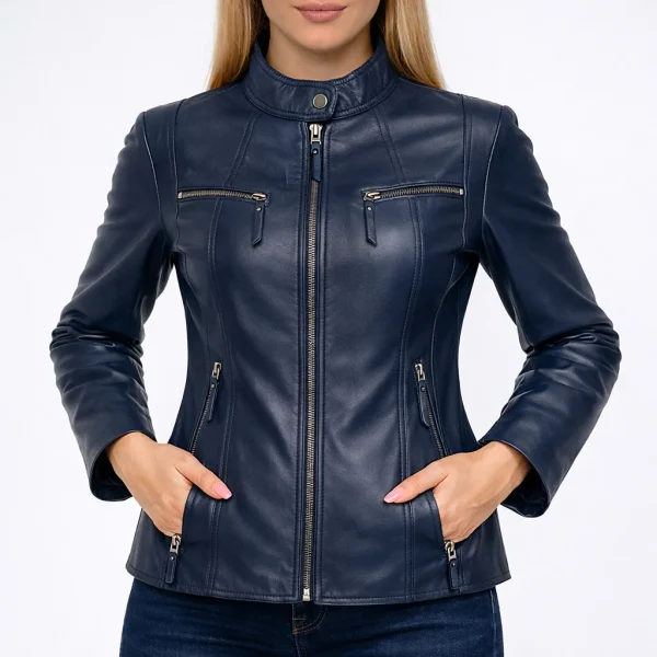 CHIC Dark Blue Leather Jacket For Women