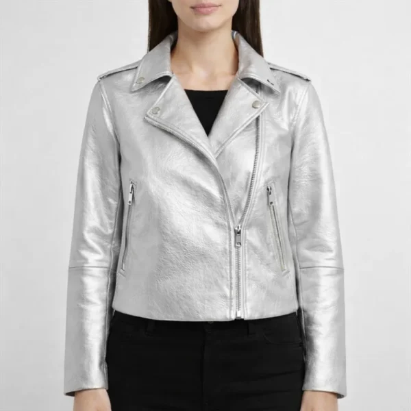 CHROME Silver Leather Jacket For Women