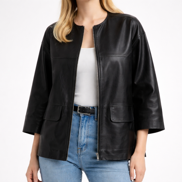 Classic Oversized Black Leather Jacket For Women