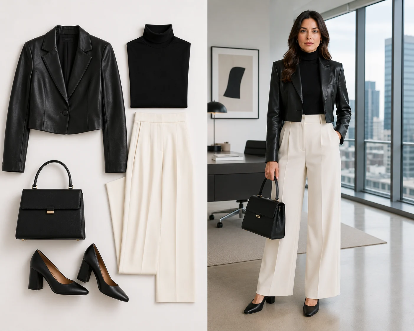 Cropped black leather blazer with high-waist cream trousers and turtleneck.