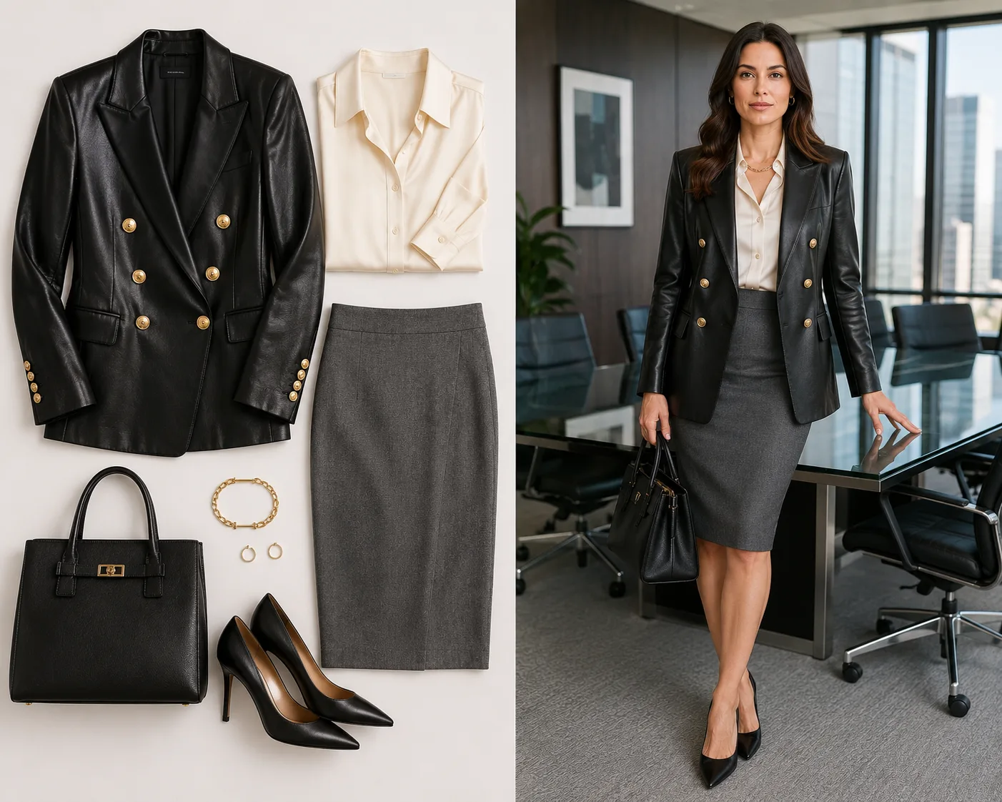 Double-breasted black leather blazer paired with grey pencil skirt in corporate boardroom.