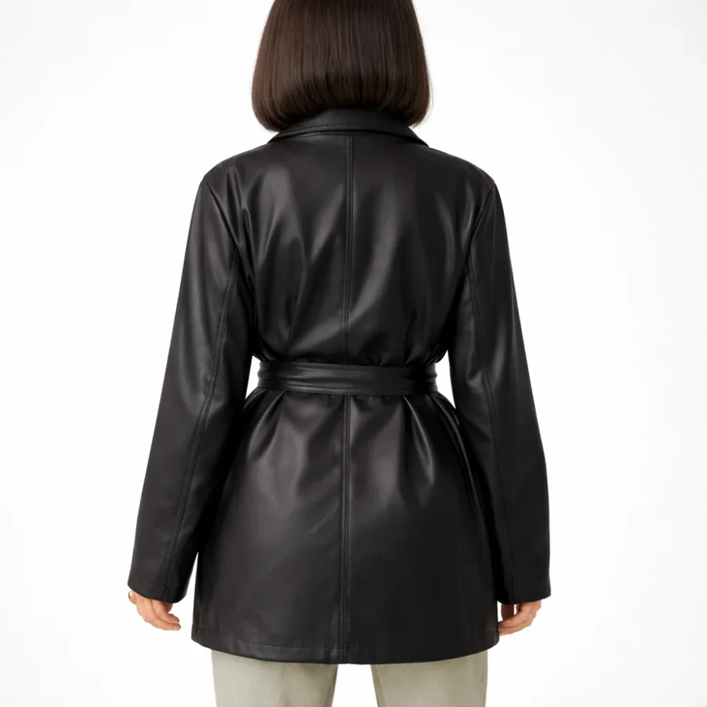 FAYE Black Leather Trench Coat for Women