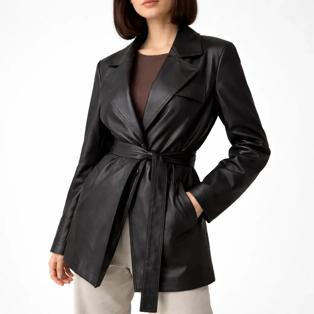 FAYE Black Leather Trench Coat for Women