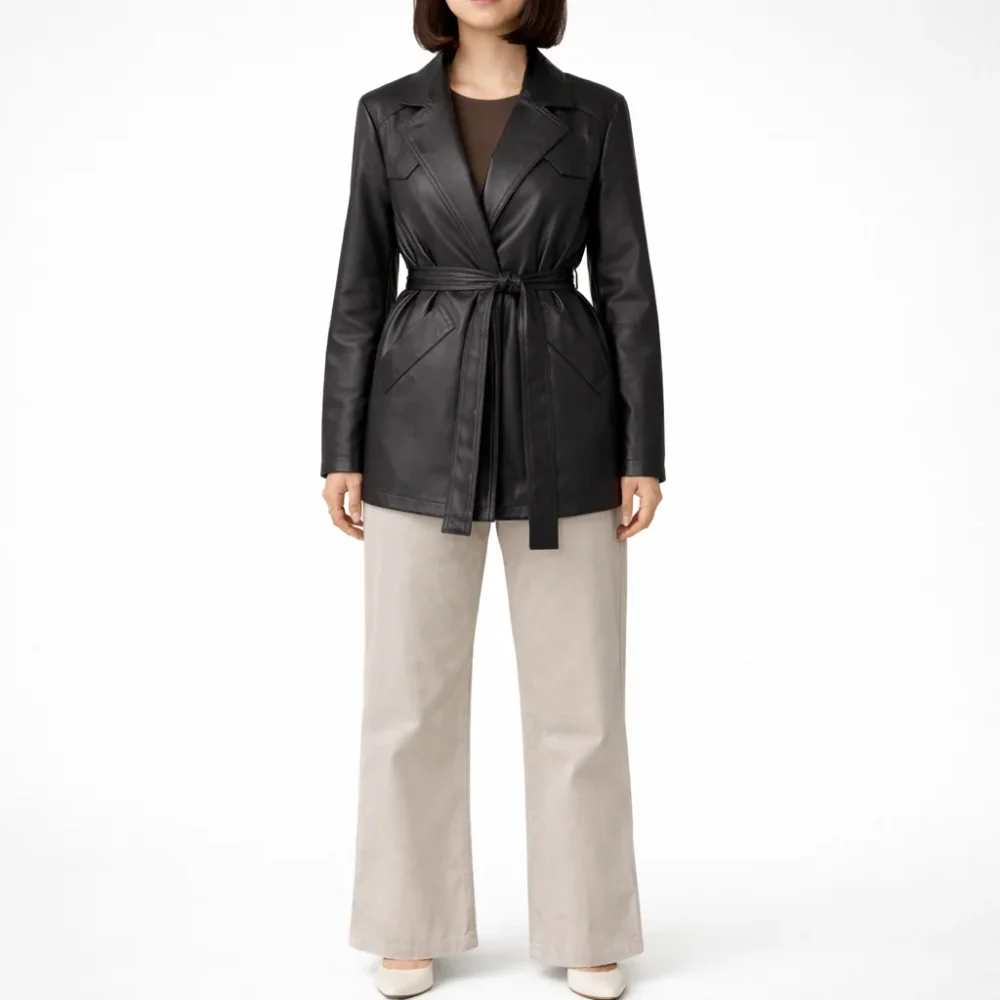 FAYE Black Leather Trench Coat for Women