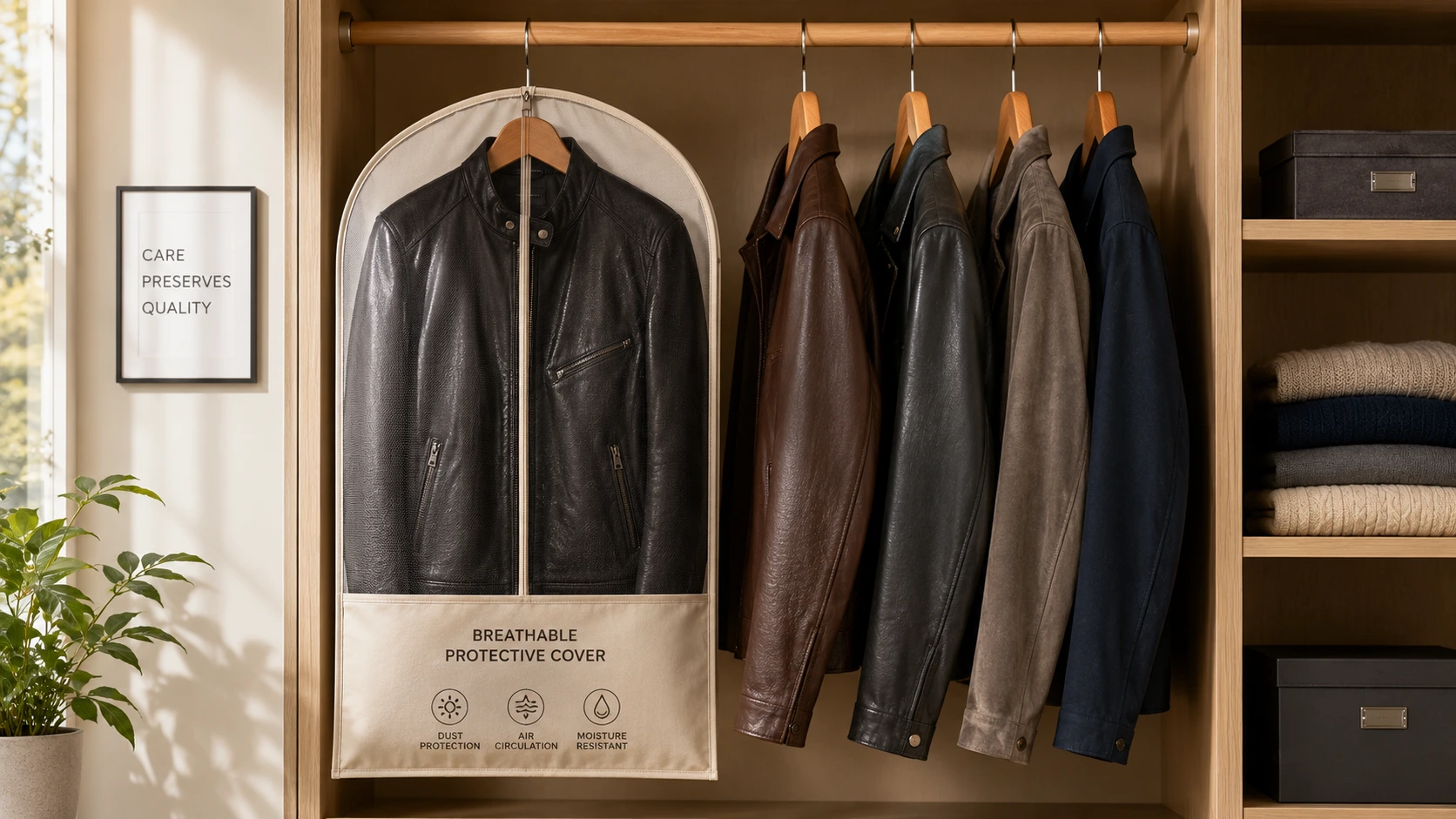 Proper leather jacket storage on a padded hanger inside a garment bag