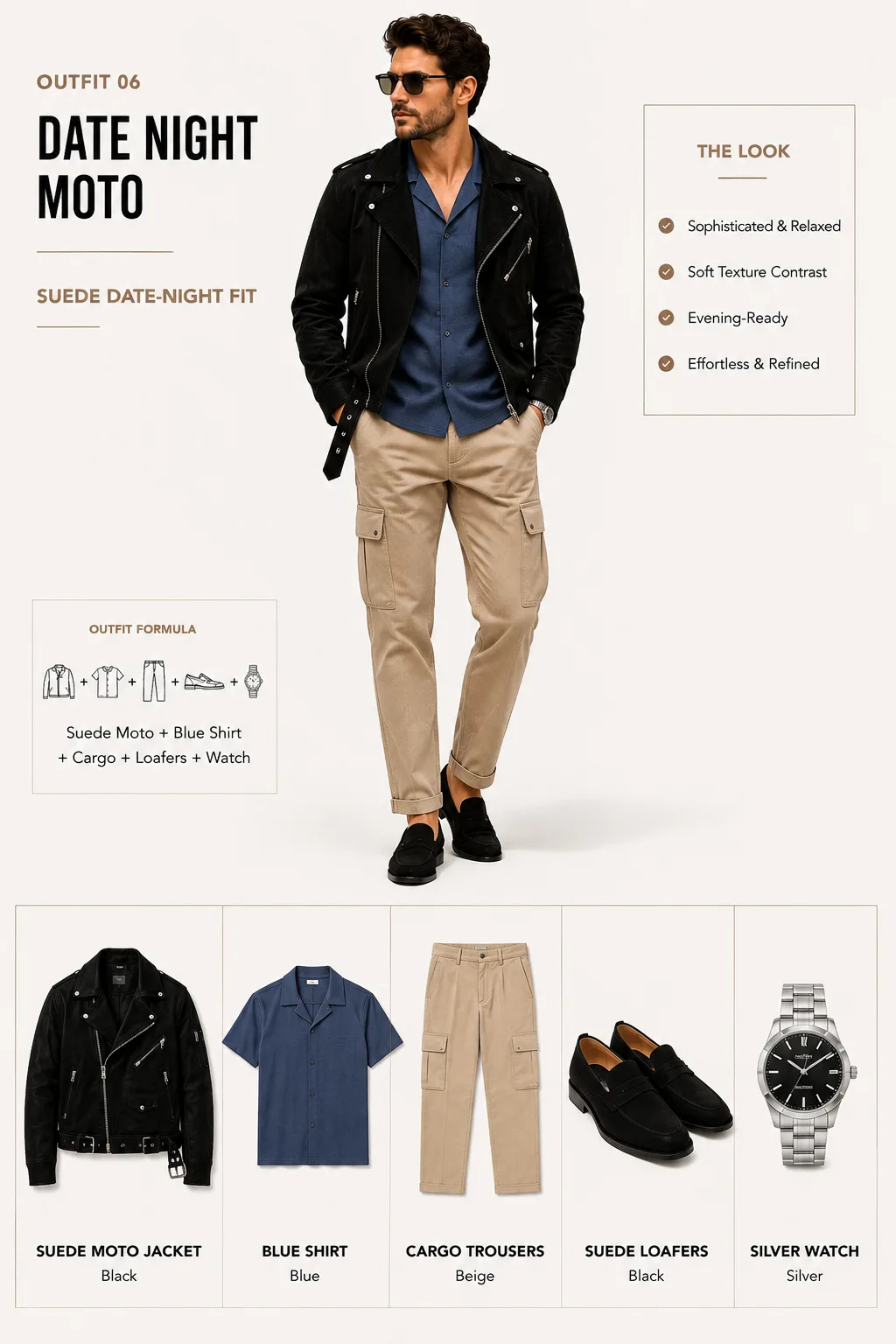 Black suede moto jacket with blue shirt beige cargo