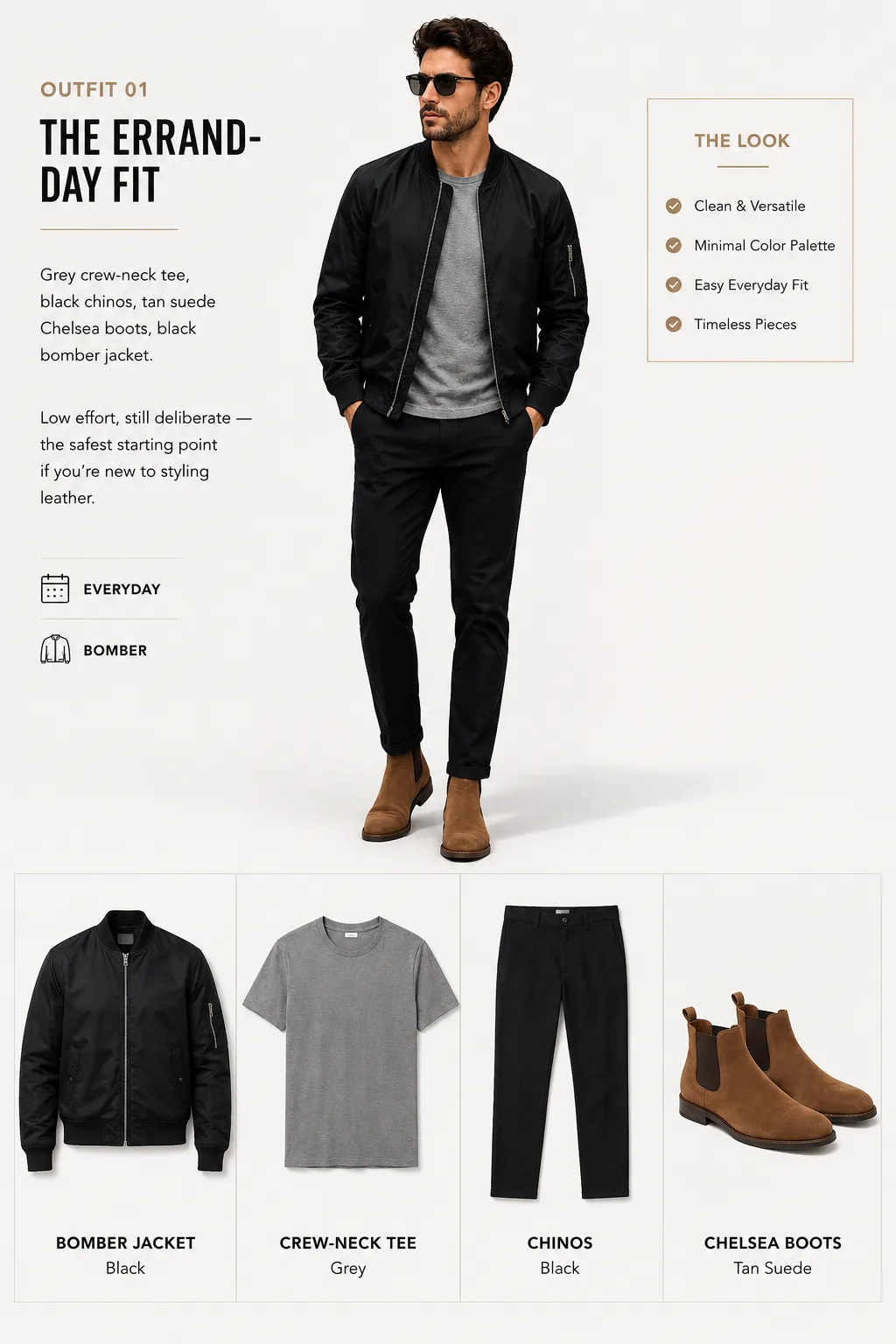 Black bomber jacket with grey tee chinos and Chelsea boots