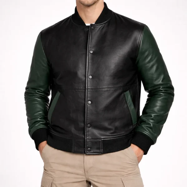 HARRY Black and Green Varsity Leather Jacket For Men