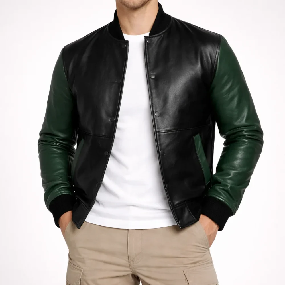 HARRY Black and Green Varsity Leather Jacket For Men