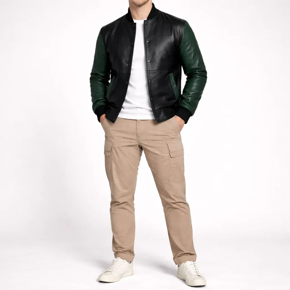HARRY Black and Green Varsity Leather Jacket For Men
